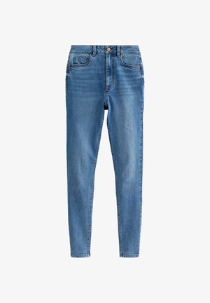 Blaue Jeans aus Denim mit Slim-Fit, fünf Taschen und einem Kupferknopfverschluss. Glatte Textur mit leichten Ausbleichungen an verschiedenen Stellen.