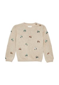 Beige gestrickter Pullover mit verstreuten Tractor-Stickereien in Grün, Braun und Blau. Mit zwei Knöpfen an der linken Schulter.
