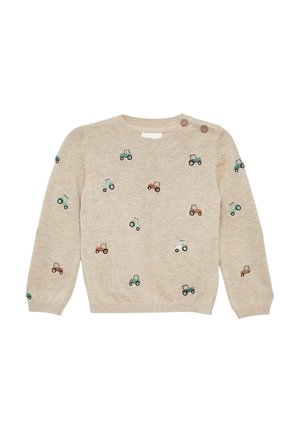 Beżowy sweter dziany z rozproszonym haftem w kształcie traktora w kolorze zielonym, brązowym i niebieskim. Zawiera dwa guziki na lewym ramieniu.