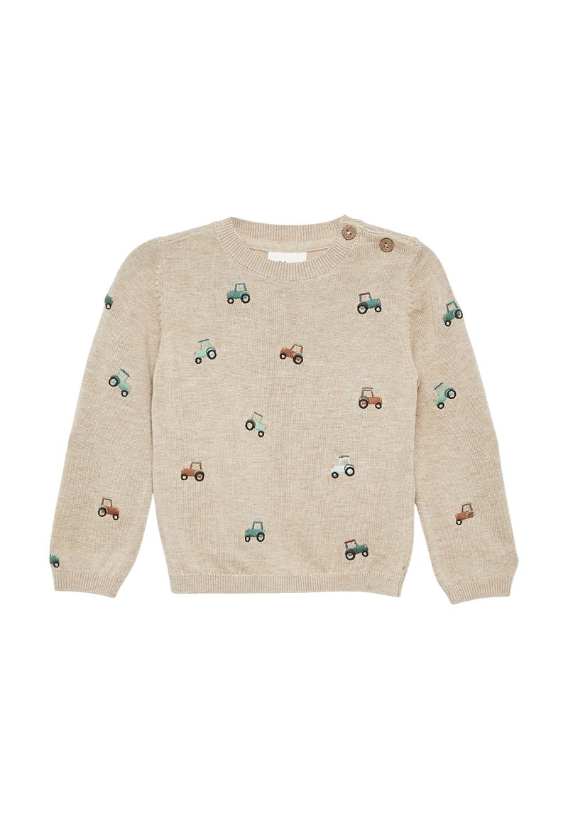 Beige gestrickter Pullover mit verstreuten Tractor-Stickereien in Grün, Braun und Blau. Mit zwei Knöpfen an der linken Schulter.