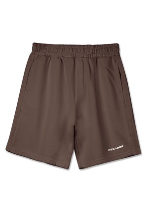 Smeđe sportske kratke hlače od mekanog materijala, s elastičnom waistbandom, dva bočna džepa i bijelim logom "PEGADOR" na rubu.