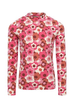 Langsleeve turtleneck shirt met een bloemmotief in roze, bruin en crème kleuren. Gemaakt van zachte stof met een aansluitende pasvorm.
