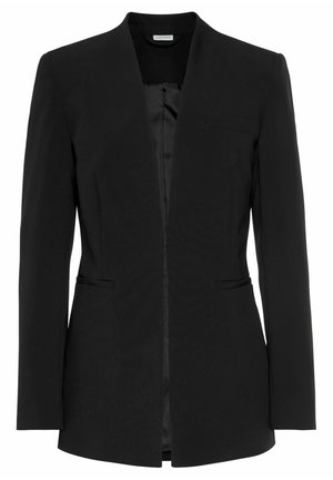 Black women's tailored blazer with long sleeves, open front, two side pockets, and a small chest pocket, featuring a smooth inner lining.