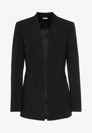 Zwarte, op maat gemaakte damesblazer met lange mouwen, open voorkant, twee zijzakken en een klein borstzakje, met een gladde voering aan de binnenkant.