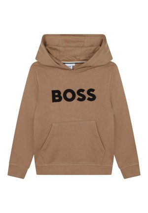 Lysebrun hættetrøje med frontlomme og stor sort "BOSS"-tekst trykt hen over brystet, lange ærmer og fastgjort hætte.