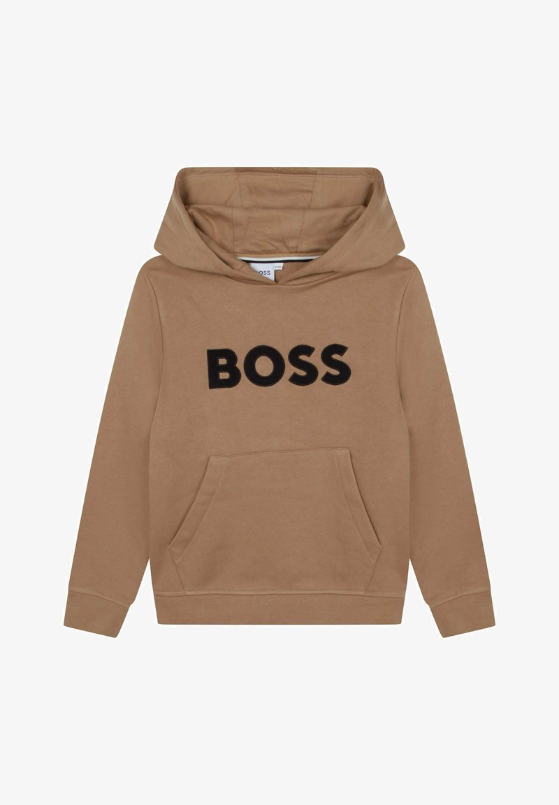 Jasnobrązowa bluza z kapturem z przednią kieszenią i dużym czarnym napisem "BOSS" na piersi, z długimi rękawami i przyszytym kapturem.