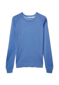 Hellblauer Pullover aus Strickstoff, mit rundem Ausschnitt, langen Raglanärmeln und geripptem Saum sowie Bündchen. Glatte Textur.