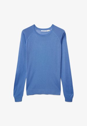 Hellblauer Pullover aus Strickstoff, mit rundem Ausschnitt, langen Raglanärmeln und geripptem Saum sowie Bündchen. Glatte Textur.