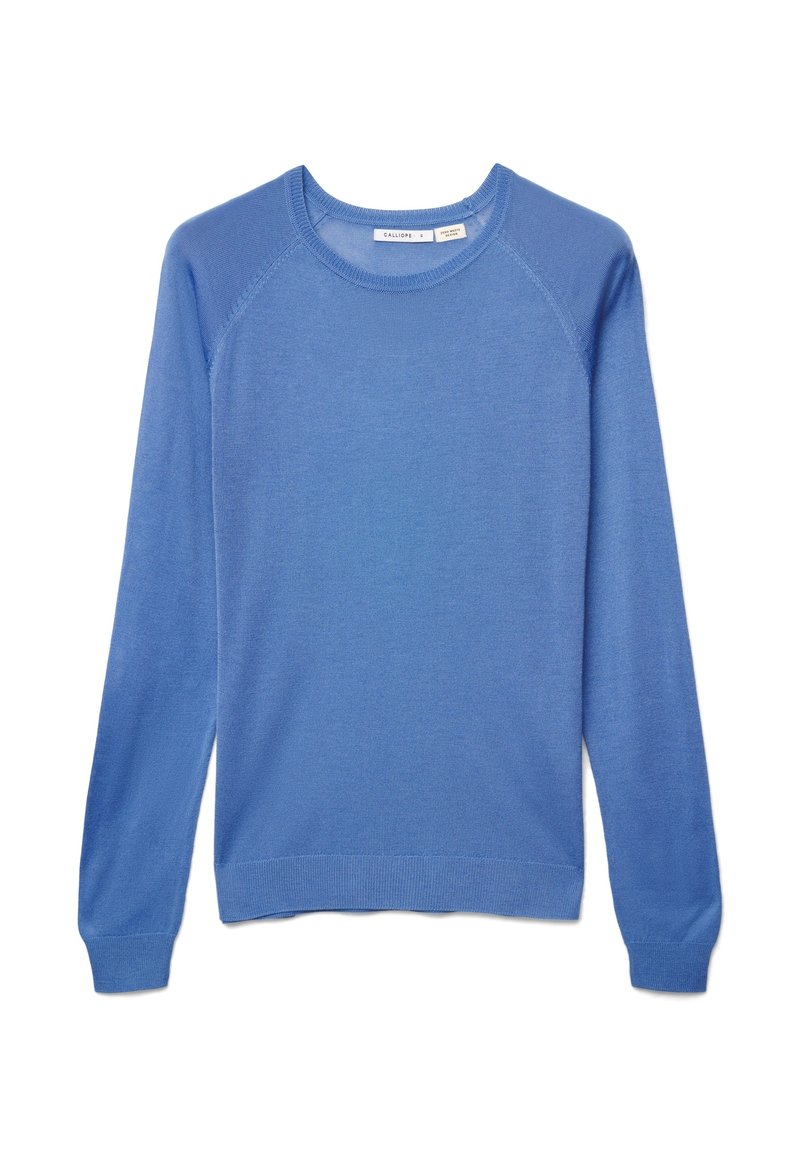 Hellblauer Pullover aus Strickstoff, mit rundem Ausschnitt, langen Raglanärmeln und geripptem Saum sowie Bündchen. Glatte Textur.