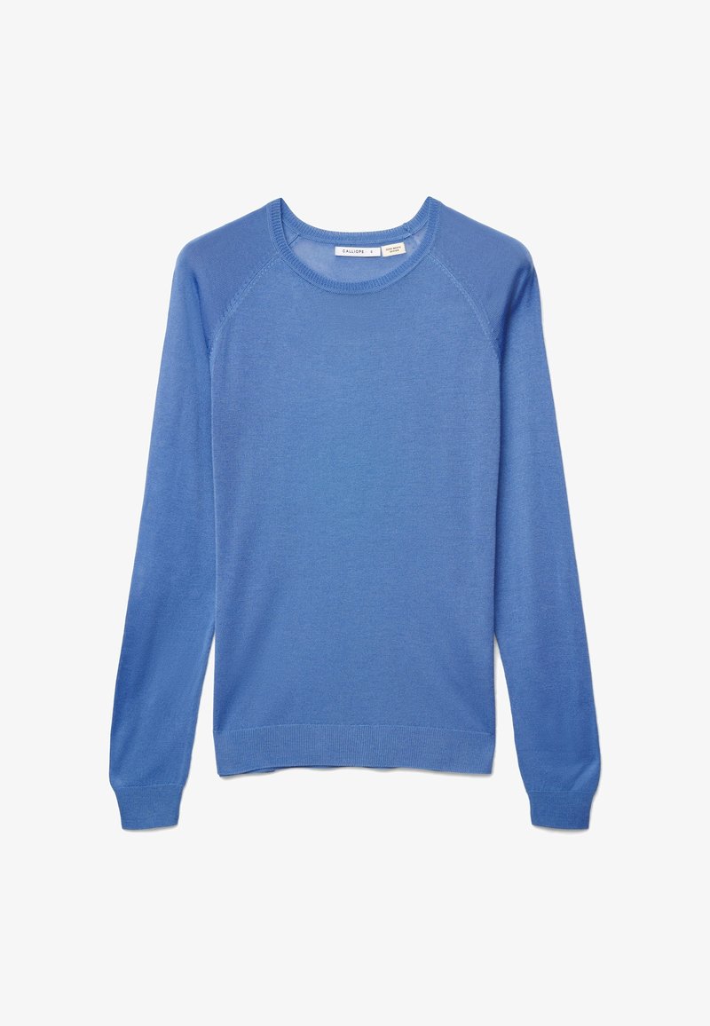 Hellblauer Pullover aus Strickstoff, mit rundem Ausschnitt, langen Raglanärmeln und geripptem Saum sowie Bündchen. Glatte Textur.