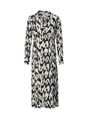 Zwart-wit gestreepte jurk met lange mouwen, kraag, knoopdetails en een elastische taille, ontworpen voor zwangerschapskleding.