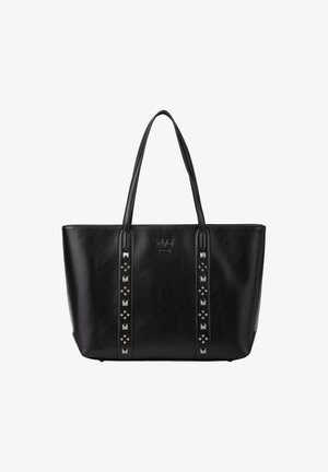 Zwarte leren totebag met gestanste accenten langs de zijkanten, twee lange handvatten en een gladde textuur. Eenvoudig, rechthoekig ontwerp.