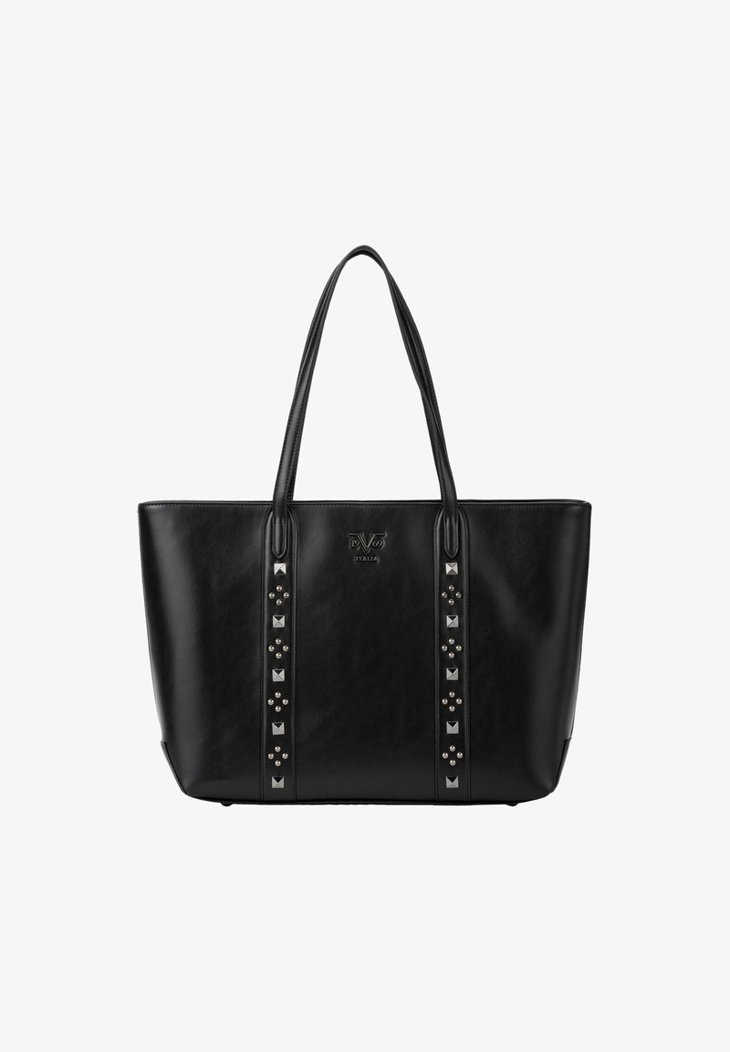 Schwarze Leder-Tasche mit Nietenakzenten an den Seiten, zwei langen Tragegriffen und einer glatten Textur. Schlichtes, rechteckiges Design.