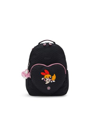 Black backpack with heart-shaped front pocket featuring a Powerpuff Girl, pink trim, and a plush pink monkey keychain attached.