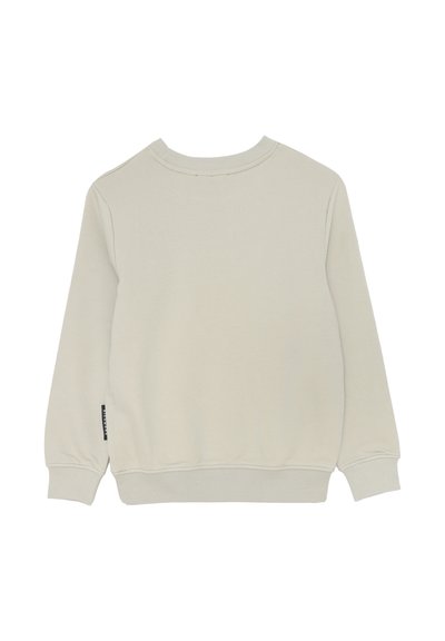 Felpa a maniche lunghe color beige chiaro con colletto girocollo, polsini e orlo a costine, piccola etichetta nera del marchio sul lato sinistro.