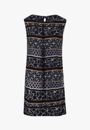 Abito senza maniche, lungo fino al ginocchio con uno sfondo blu navy. Presenta motivi botanici e geometrici bianchi, strisce dorate e un dettaglio a chiave sulla schiena.