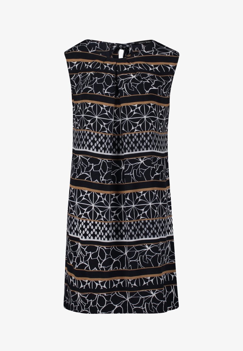 Robe sans manches, longueur genou, avec un fond marine. Présente des motifs botaniques et géométriques blancs, des rayures dorées et un détail à l'arrière en forme de trou de serrure.