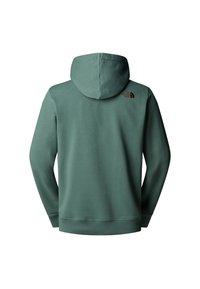 Grüne Kapuzenjacke aus weichem Stoff. Verfügt über gerippte Bündchen und Saum, mit einem kleinen Logo in Dunkelbraun auf dem oberen Rücken.
