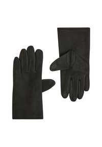 Guanti neri realizzati in materiale morbido con una trama liscia, dotati di cinque dita e dettagli circolari sul pollice e sull'indice.