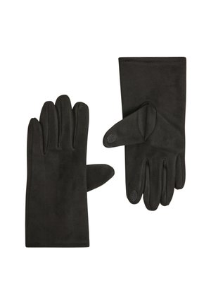 Guanti neri realizzati in materiale morbido con una trama liscia, dotati di cinque dita e dettagli circolari sul pollice e sull'indice.