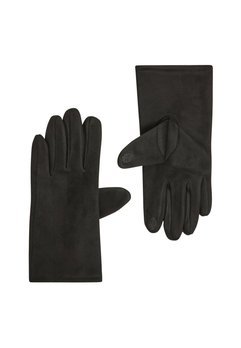 Guanti neri realizzati in materiale morbido con una trama liscia, dotati di cinque dita e dettagli circolari sul pollice e sull'indice.