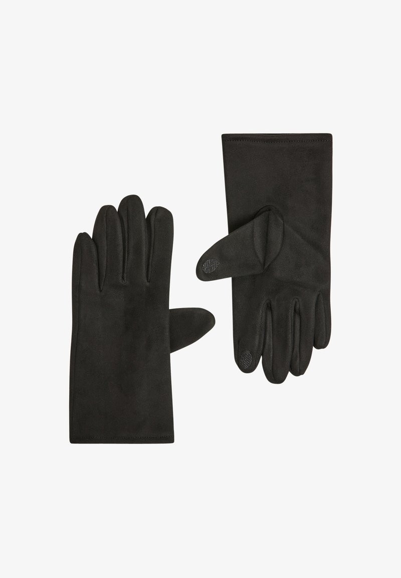 Czarne rękawice wykonane z miękkiego materiału o gładkiej teksturze, posiadające pięć palców oraz okrągłe akcenty na kciuku i palcu wskazującym.