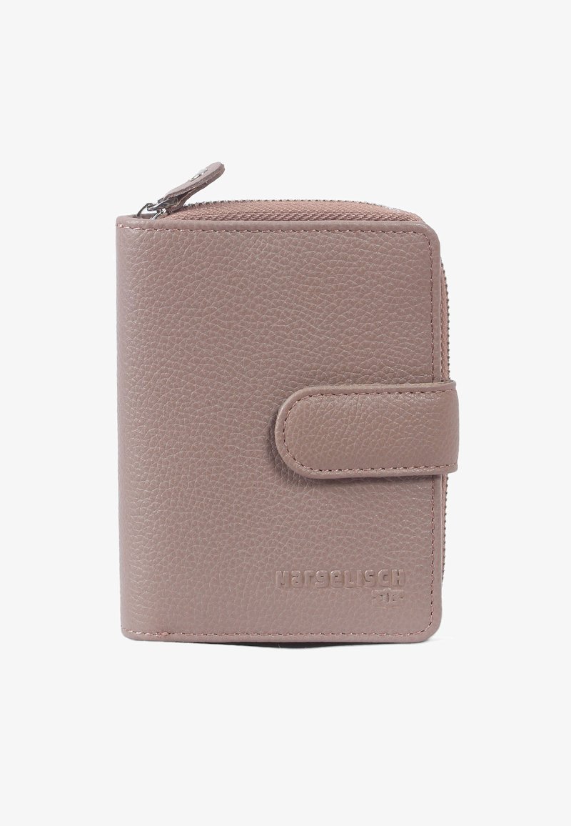 Leren portemonnee in zachtroze, met een ritssluiting aan de bovenkant en een zijflap met drukknoop. Inclusief gezonken branding aan de voorkant.