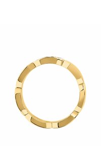 Bracciale rigido in tonalità oro con segmenti interconnessi e finitura lucida. Il design comprende aree lisce e leggermente testurizzate.