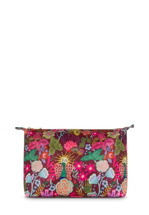 Multicolore textiel pouch met een bloemenmotief en rozen, groene en blauwe accenten. Met ritssluiting en een stoffen lus, afmetingen niet gespecificeerd.