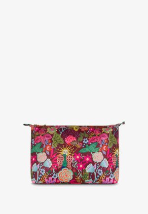 Multicolore textiel pouch met een bloemenmotief en rozen, groene en blauwe accenten. Met ritssluiting en een stoffen lus, afmetingen niet gespecificeerd.