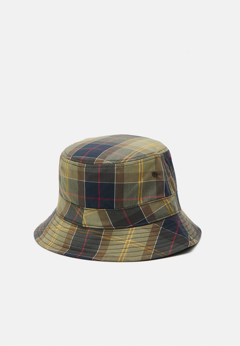 Gorra tipo bucket en un patrón de cuadro multicolor con tonos verdes, marrones y azules. Fabricada con una tela de superficie ligeramente texturizada.
