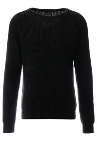 Pull noir en maille à manches longues, avec col rond et poignets et ourlet côtelés, présentant un motif gaufré texturé.