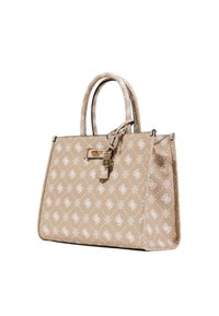 Bolso beige con patrón floral blanco, textura suave, doble asa corta, herrajes dorados y un acento de cerradura adjunto en el lateral.