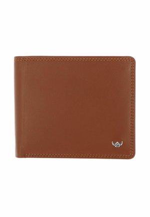 Portefeuille bifold en cuir marron avec coutures visibles et petit logo casque viking argenté en bas à droite.