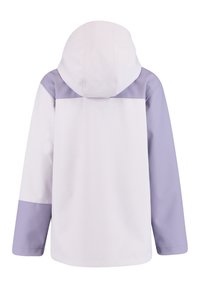 Lehká bunda v bílé a levandulové barvě, s kapucí, dlouhými rukávy a hladkou texturou s designem v blokových barvách.