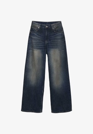 Weit geschnittene Jeans aus dunklem Denim mit helleren, ausgebleichten Bereichen. Verfügt über ein klassisches Fünf-Taschen-Design und einen Knopfverschluss an der Taille.