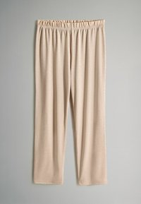 Beige broek met een elastische tailleband, gemaakt van een zachte, gladde stof. Rechtovereind ontwerp zonder zichtbare patronen of accenten.