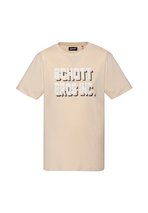 Beiges T-Shirt mit kurzen Ärmeln und Rundhalsausschnitt, vorne mit dem Schriftzug "SCHOTT BROS INC." in Weiß mit schwarzem Schatten.
