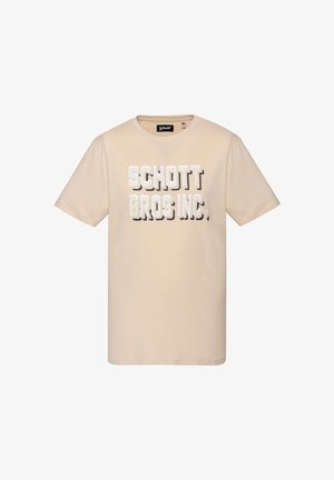 Beiges T-Shirt mit kurzen Ärmeln und Rundhalsausschnitt, vorne mit dem Schriftzug "SCHOTT BROS INC." in Weiß mit schwarzem Schatten.