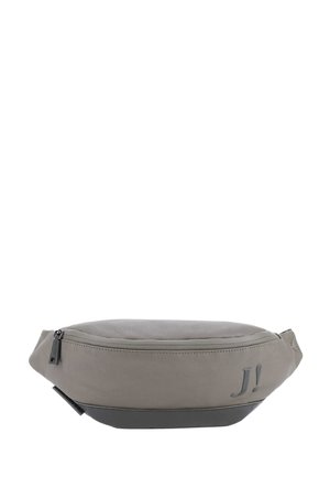 Marsupio in tessuto grigio con una texture liscia, chiusura con zip e un'accenzione del logo. Presenta un design elegante e rotondo e un pannello inferiore nero.