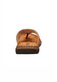 Brown leather sandal with a flat footbed, toe post, and minimal stitching along the edges. Textured outsole for grip.