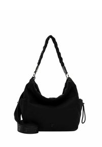 Zwarte stoffen schoudertas met een gevlochten handvat, verstelbare schouderriem en logo-accent. Zachte textuur; slungelige vormgeving met een brede opening.