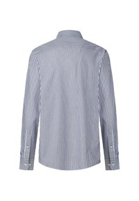 Button-up shirt in navy and white striped cotton. Features a classic collar and long sleeves with buttoned cuffs. Rounded hem.
