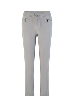 Light gray straight-leg pants with drawstring waist and two zippered front pockets.