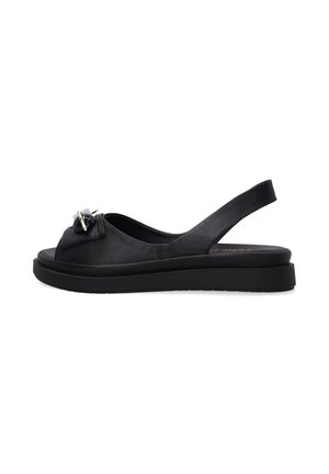 Sorte læder slingback sandaler med en afrundet åben tå, der har en dekorativ sløjfe og flad gummisål. Glat tekstur, minimalistisk design.