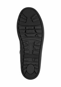 Black rubber shoe sole featuring a textured grip pattern, embossed "soft" and "FLEX" labels, and a flexible, rounded design.