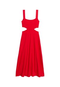 Czerwona sukienka bez rękawów z dopasowanym gorsetem, wycięciami po bokach i zwiewną, rozkloszowaną spódnicą. Wykonana z gładkiego materiału.