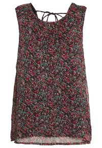 Haut sans manches à motifs floraux dans des tons sombres, avec des motifs rouges, bleus et crème. Encolure froncée avec détail de lien au dos. Tissu léger et fluide.