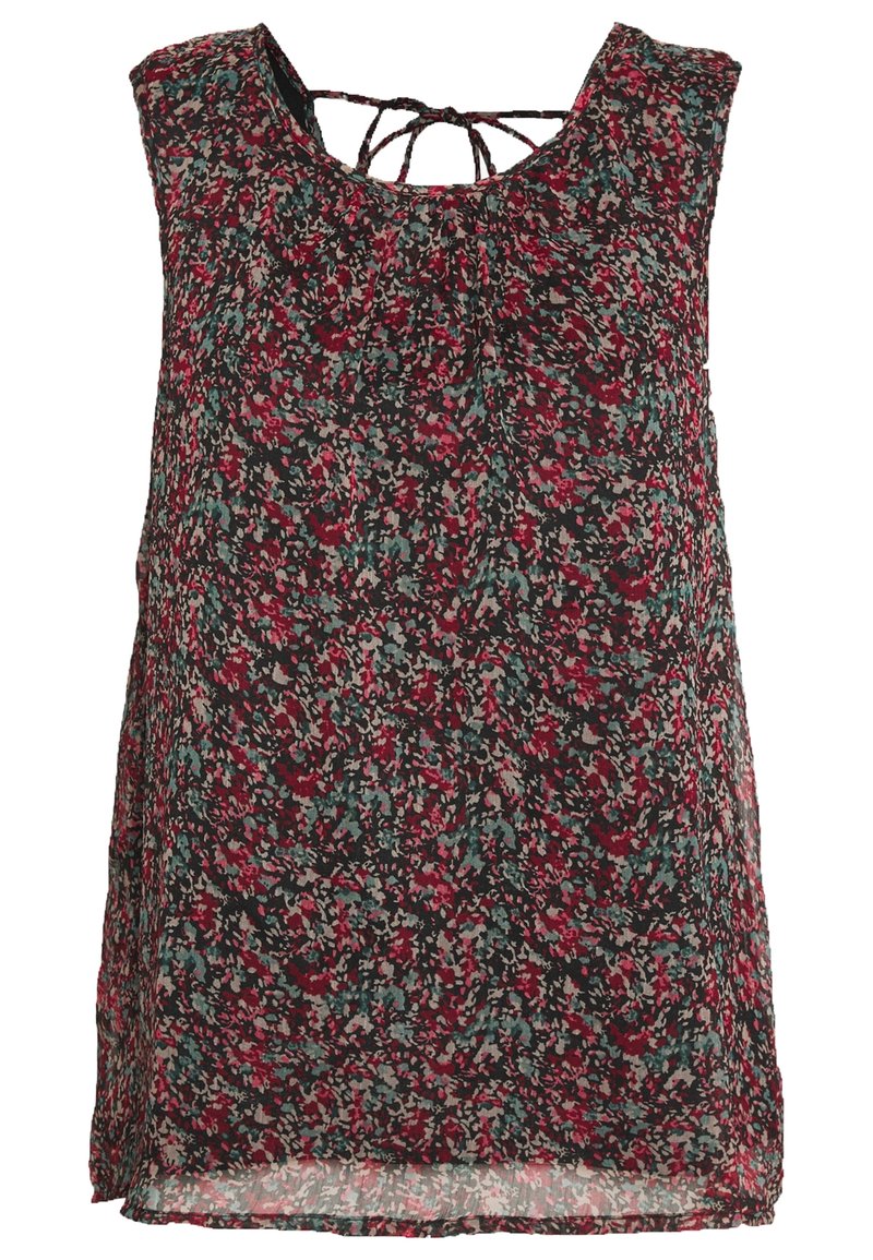 Haut sans manches à motifs floraux dans des tons sombres, avec des motifs rouges, bleus et crème. Encolure froncée avec détail de lien au dos. Tissu léger et fluide.