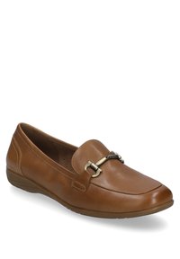 Braune Lederloafers mit quadratischer Zehenform und einer dekorativen Metallbuckle über dem Fußrücken. Strukturierte Einlegesohle und flexibles Außensohlen-Design.